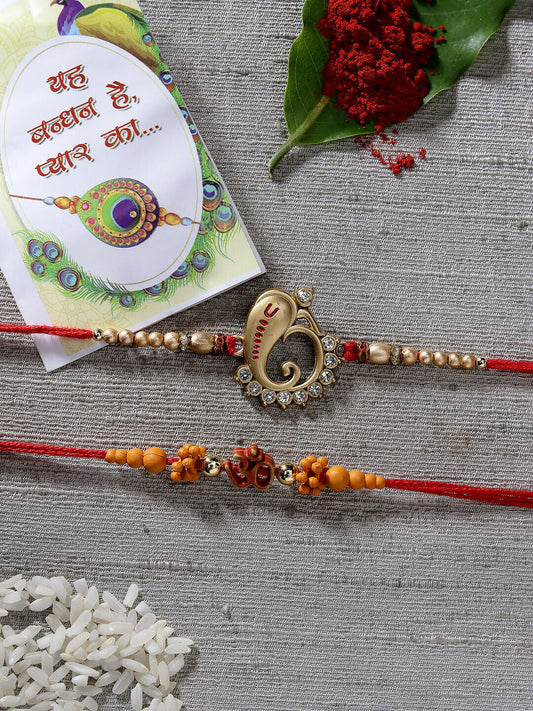 NVR Men Set of 2 Gold-Toned Ganesha Stone-Studded Rakhi With Roli Chawal & Chocolate | Swadesiicart