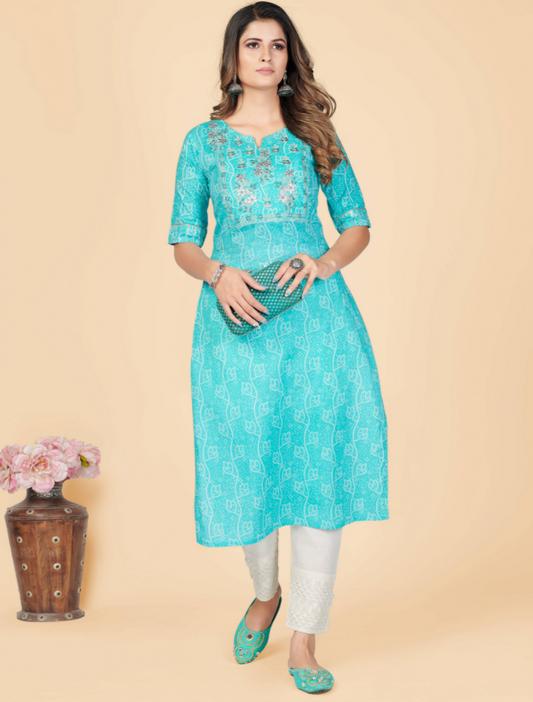 NOZ2TOZ Women's Printed & Embroidered Straight Cotton Sky Blue Stitched Kurta (1Pc) - Swadesiicart