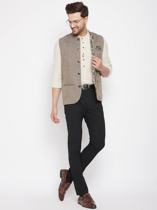 Even Apparels Brown Linen Men Woven Nehru Jacket | Swadesiicart
