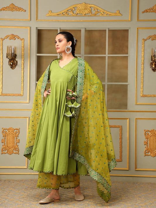 Pomcha Jaipur Green Saadgi Mehendi Green Mirror Work Angrakha Set | Swadesiicart
