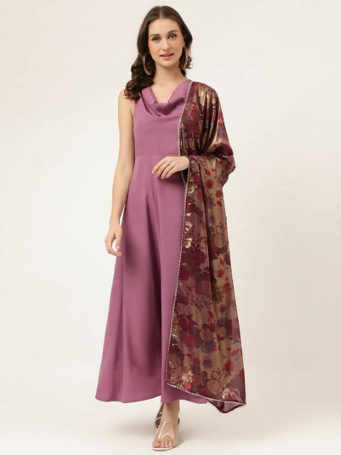 FIORRA Women's Lavender Poly Crepe Flared Kurta With Dupatta - Swadesiicart