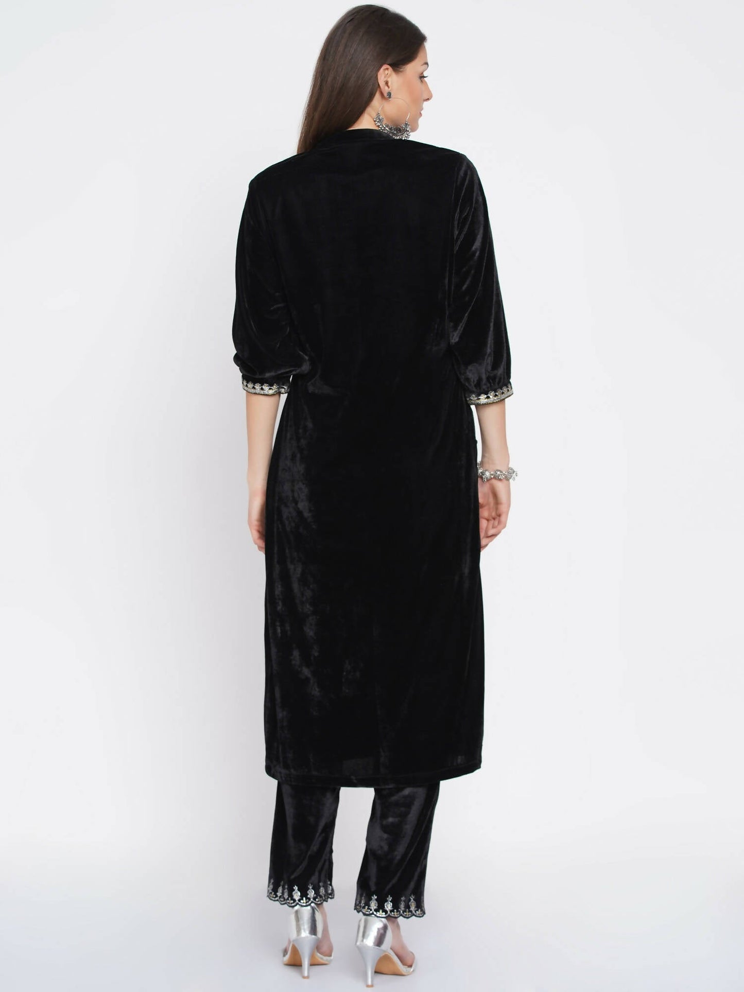 Women Republic Black Velvet Embroidered Kurta With Pants | Swadesiicart