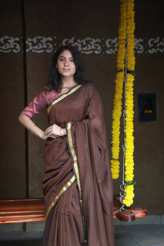Very Much Indian Pure Cotton Handloom Saree With Intricate Borders - Brown | Swadesiicart