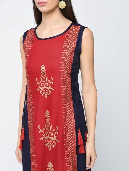 Aniyah Rayon Block Printed Layered Kurta In Red (AN-120K) - Swadesiicart