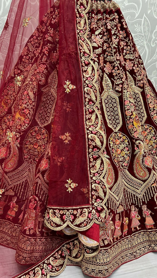 Jyoti Fashion Women's Maroon Velvet Multi Thread Embroidered with Zircon Diamond Work Wedding Lehenga Choli | Swadesiicart