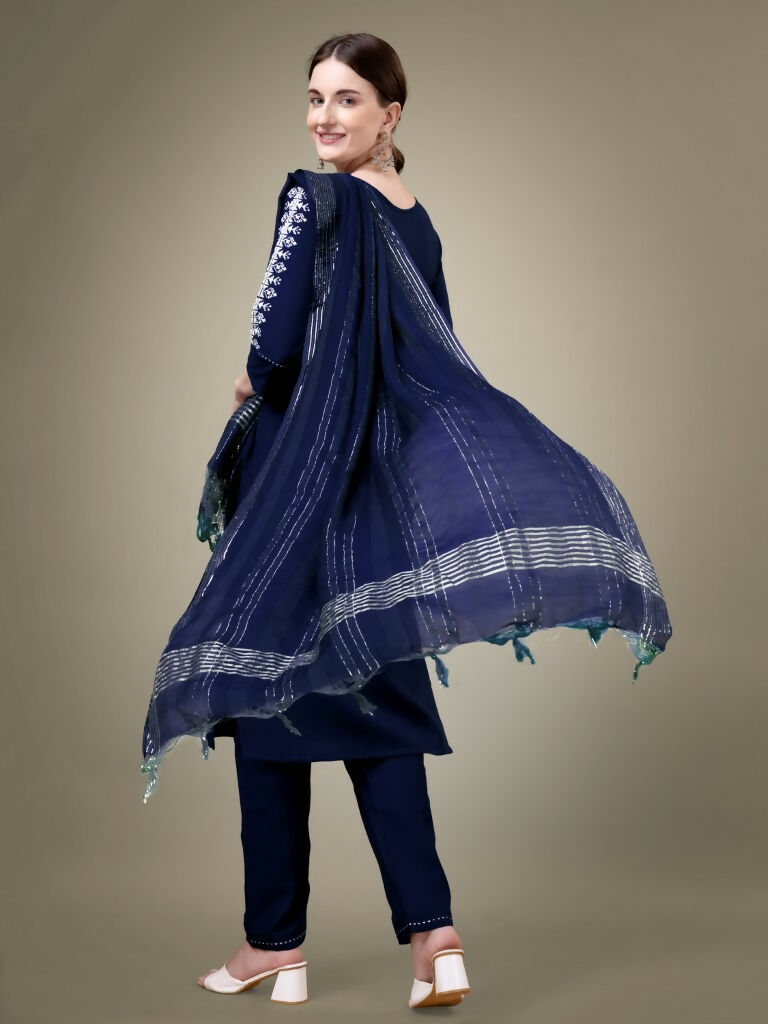 Jyoti Fashion Women's Navy Blue Cotton Blend Embroidery & Sequence work Kurta with Trouser & Dupatta | Swadesiicart