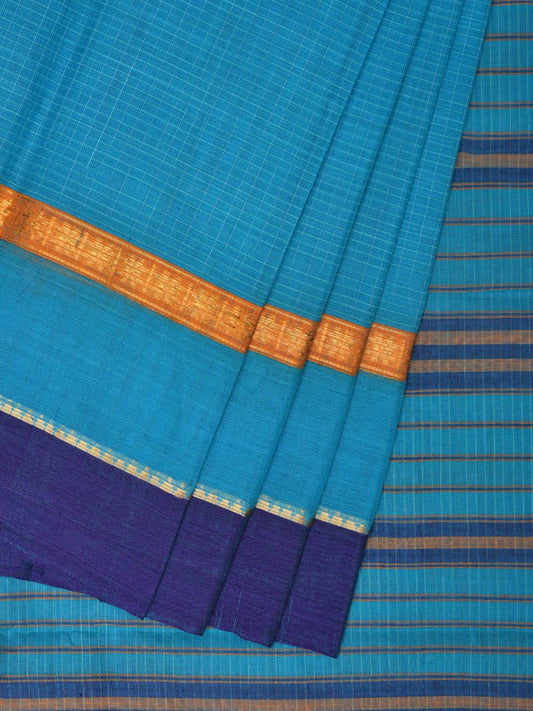 Light Blue Narayanpet Cotton Handloom Saree with Checks Design No Blouse - Global Threads | Swadesiicart