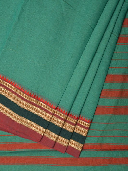 Light Green Bamboo Cotton Plain Saree with Strips Pallu Design No Blouse - Global Threads | Swadesiicart