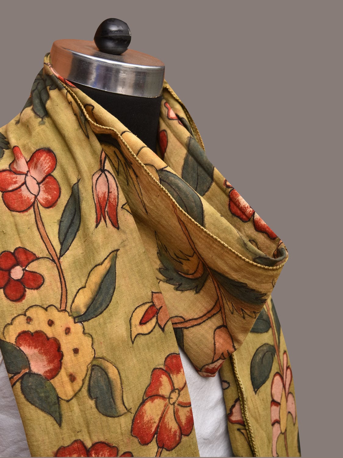 Light Green Kalamkari Hand Painted Cotton Stole with Floral Design - Global Threads | Swadesiicart