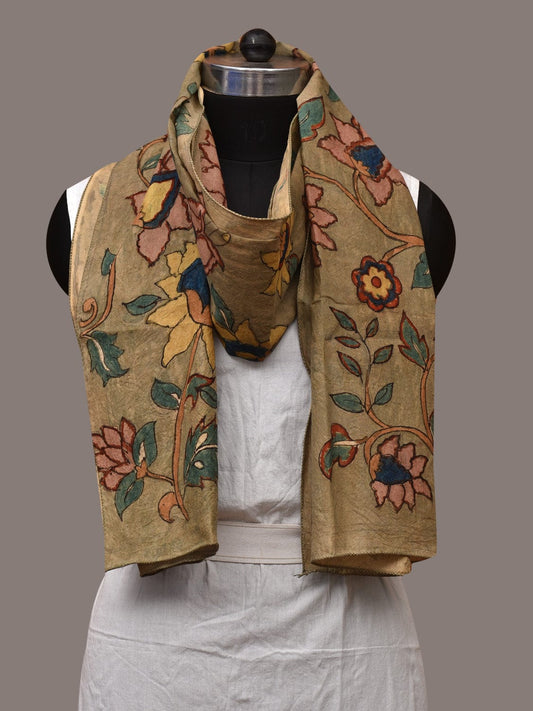 Light Green Kalamkari Hand Painted Sico Stole with Floral Design - Global Threads | Swadesiicart