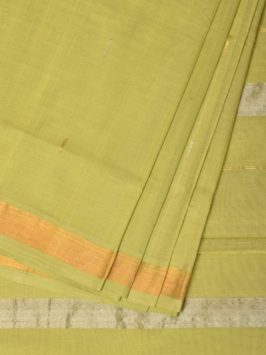 Light Green Khadi Cotton Handloom Saree with Buta and Strip Pallu Design - Global Threads | Swadesiicart