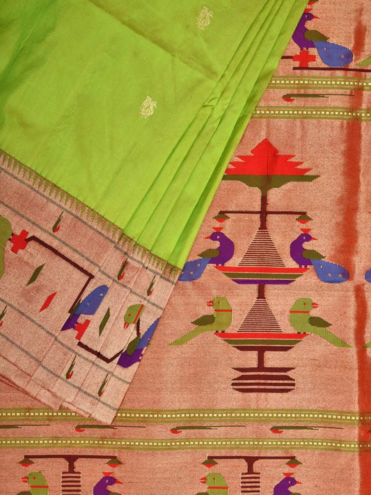 Light Green Paithani Silk Handloom Saree with Peacock-Parrot Border Design - Global Threads | Swadesiicart