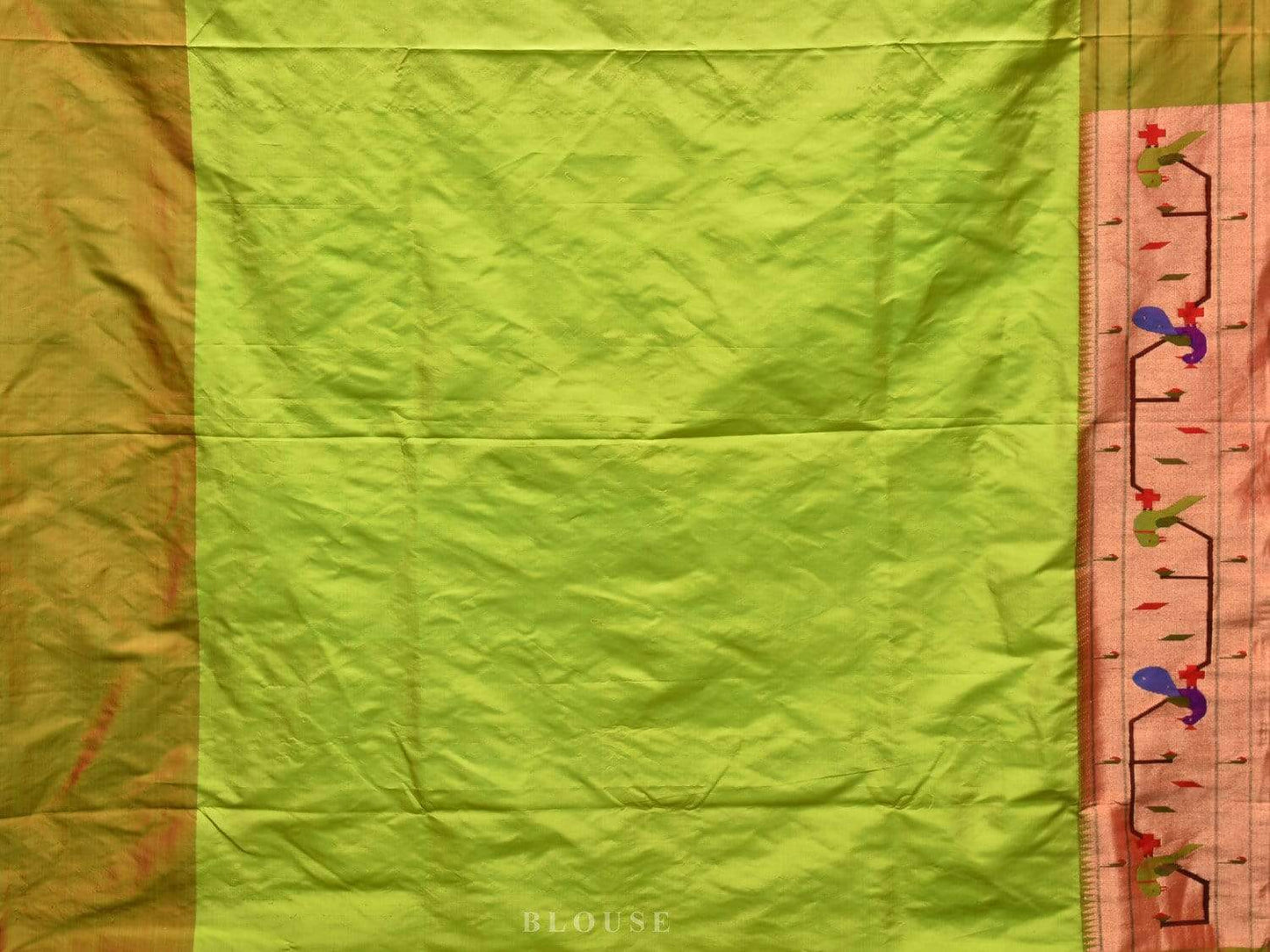 Light Green Paithani Silk Handloom Saree with Peacock-Parrot Border Design - Global Threads | Swadesiicart
