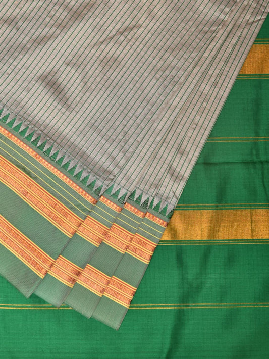 Light Grey and Green Narayanpet Silk Handloom Saree with Checks Design No Blouse - Global Threads | Swadesiicart