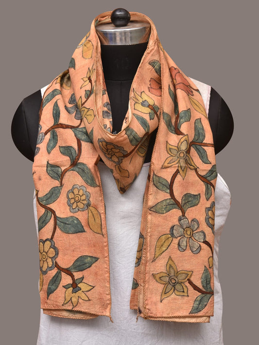 Light Orange Kalamkari Hand Painted Sico Stole with Floral Design - Global Threads | Swadesiicart