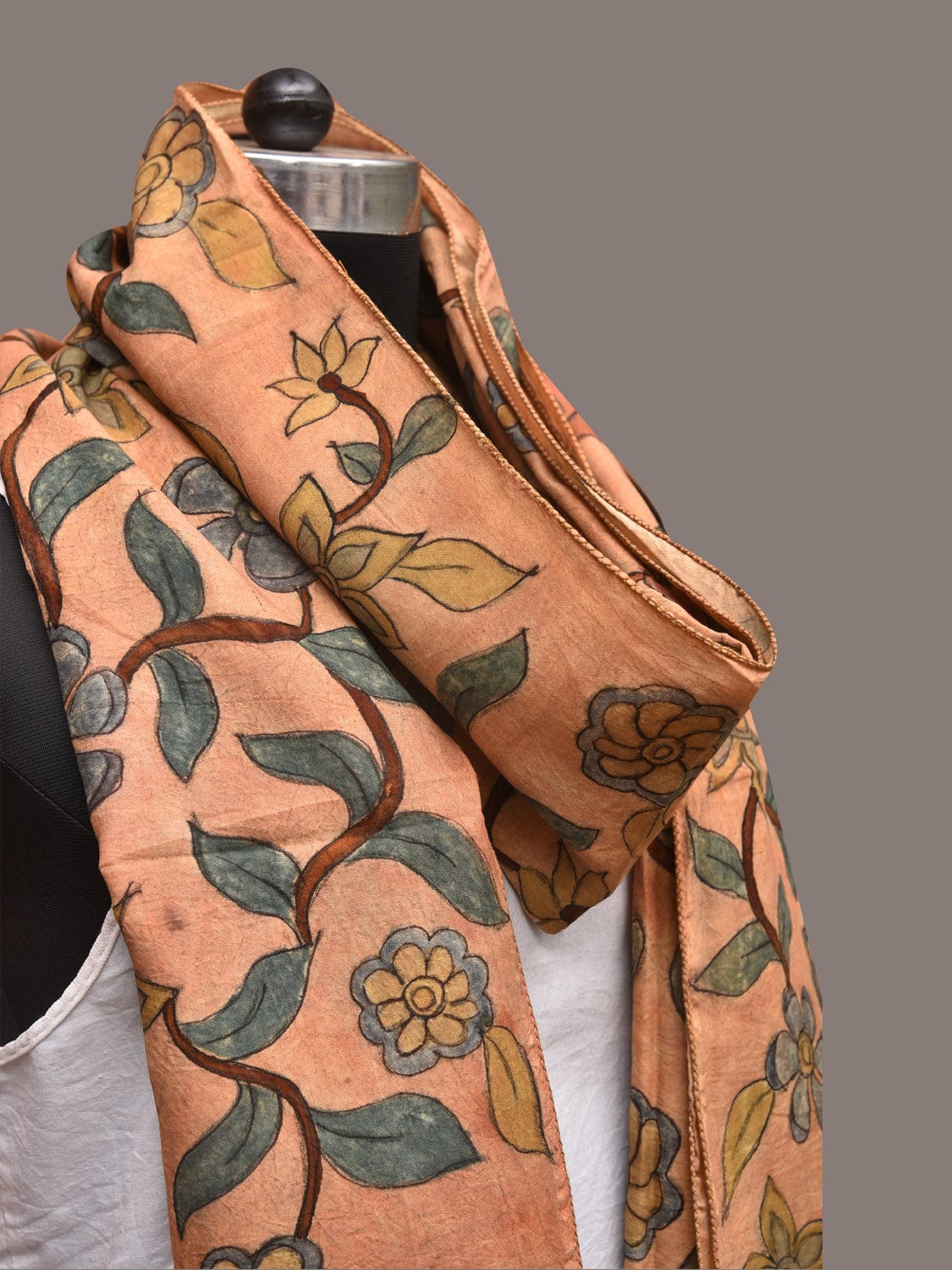 Light Orange Kalamkari Hand Painted Sico Stole with Floral Design - Global Threads | Swadesiicart