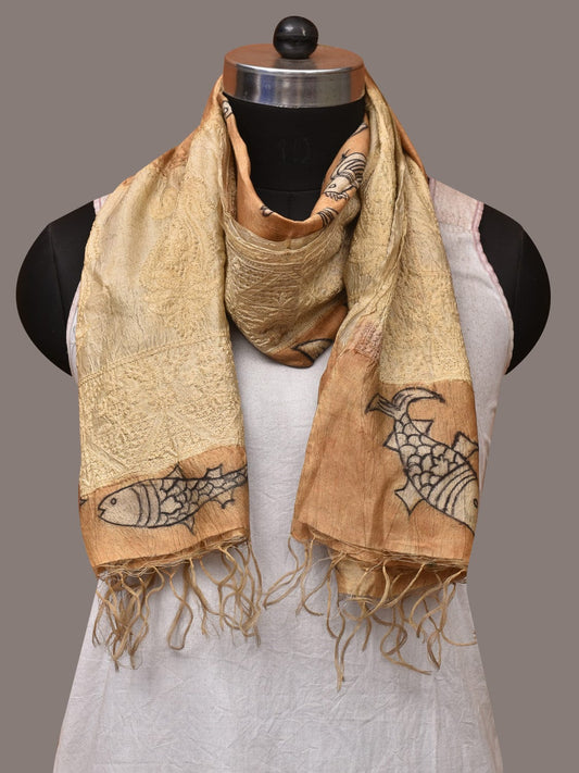 Light Orange Kalamkari Hand Painted Tussar Handloom Stole with Birds, Fishes and Embroidery Design - Global Threads | Swadesiicart