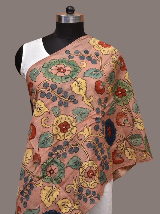 Light Peach Kalamkari Hand Painted Sico Stole with Floral Design - Global Threads | Swadesiicart