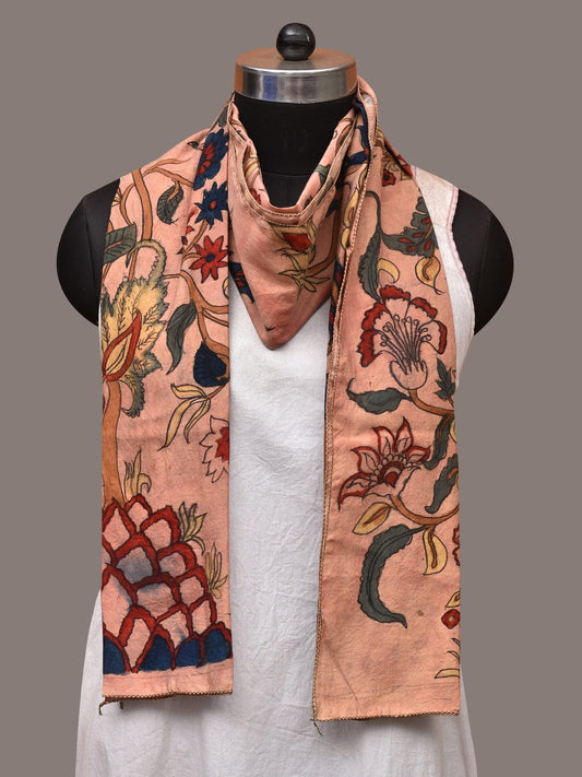Light Peach Kalamkari Hand Painted Sico Stole with Tree of Life Design - Global Threads | Swadesiicart