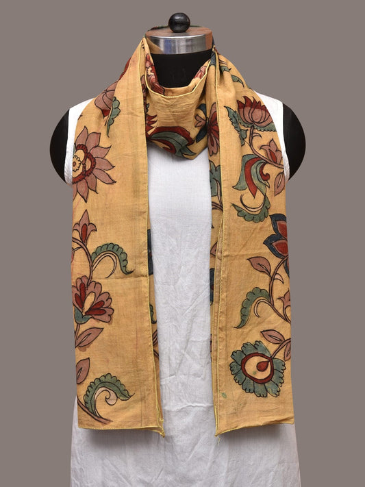 Light Yellow Kalamkari Hand Painted Cotton Stole with Floral Design - Global Threads | Swadesiicart