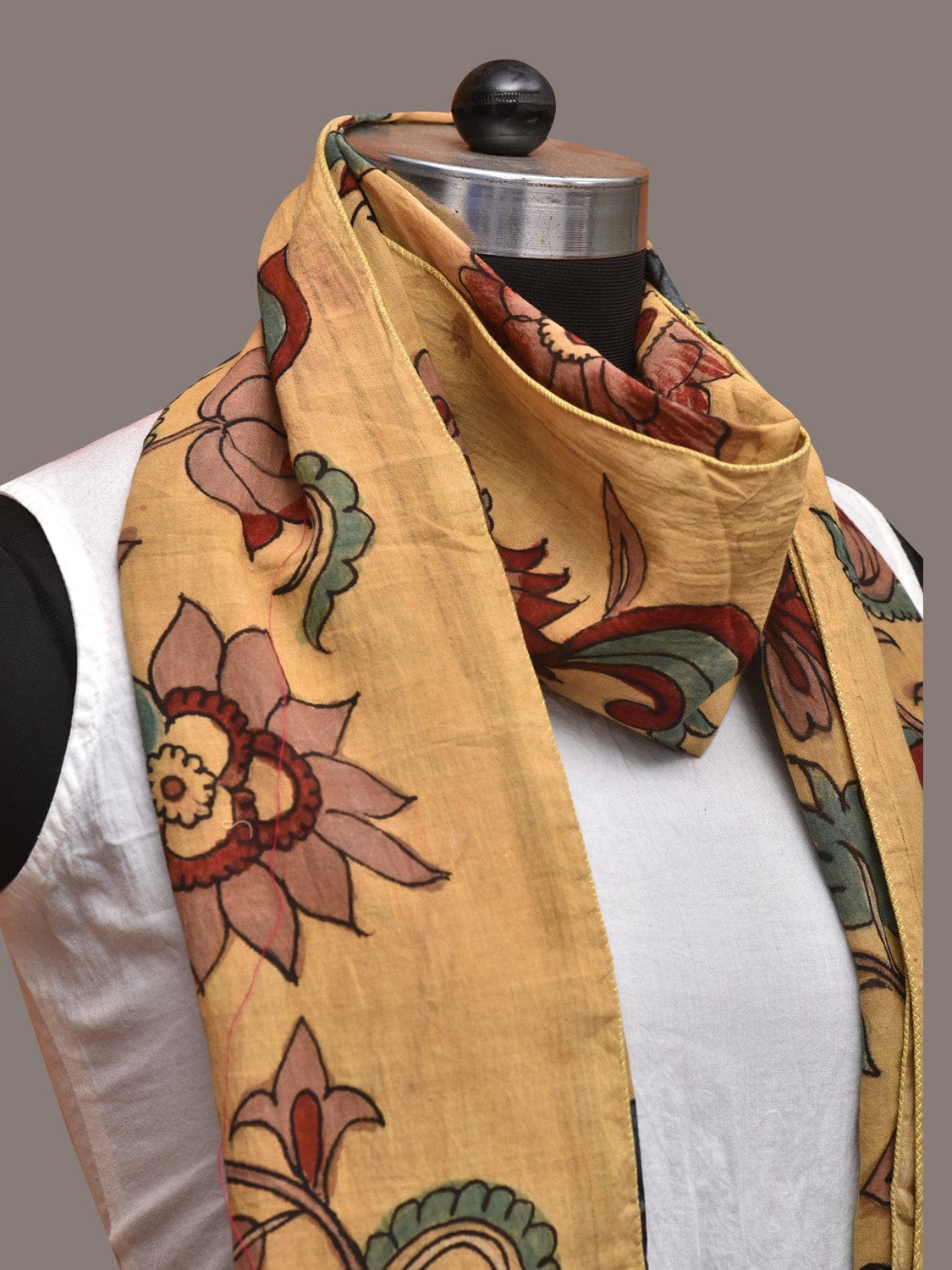 Light Yellow Kalamkari Hand Painted Cotton Stole with Floral Design - Global Threads | Swadesiicart