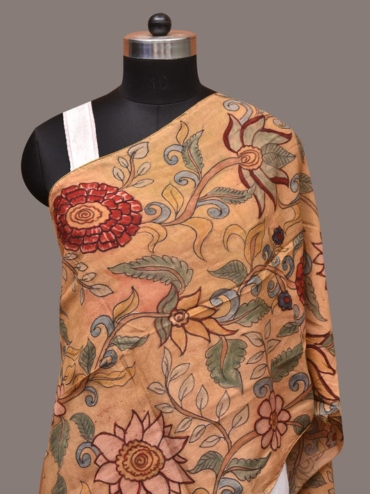 Light Yellow Kalamkari Hand Painted Sico Stole with Floral Design - Global Threads | Swadesiicart