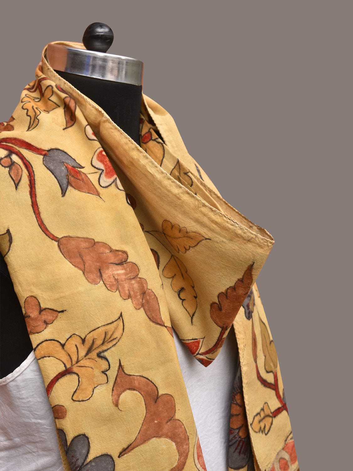 Light Yellow Kalamkari Hand Painted Sico Stole with Floral Design - Global Threads | Swadesiicart