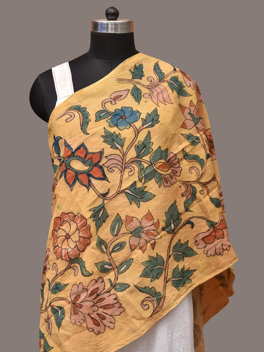Light Yellow Kalamkari Hand Painted Sico Stole with Floral Design - Global Threads | Swadesiicart