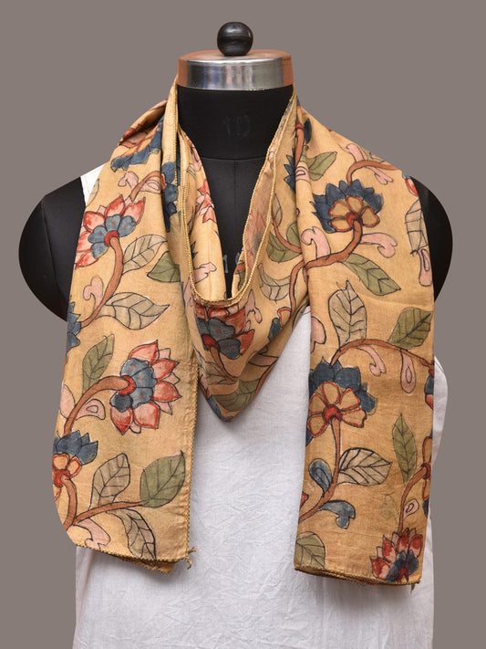 Light Yellow Kalamkari Hand Painted Sico Stole with Lotus Flowers Design - Global Threads | Swadesiicart
