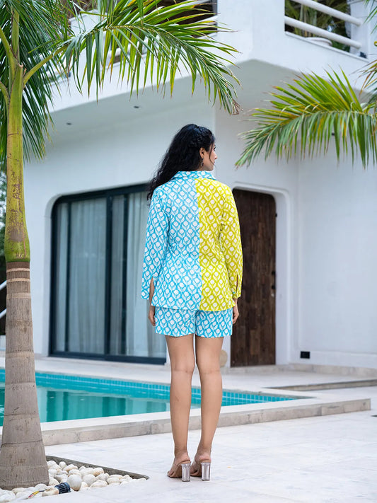 Yufta Lime Green & Blue Cotton Colour Blocking Co-Ord Set - Swadesiicart