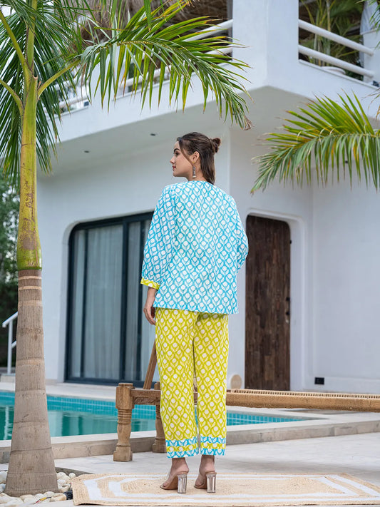 Yufta Lime Green & Sky Blue Co Ord Set Add Jacket - Swadesiicart