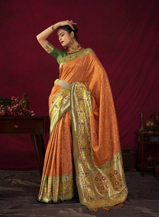 Vishnu Weaves Women's Orange Paithani Silk Saree with Blouse - Swadesiicart