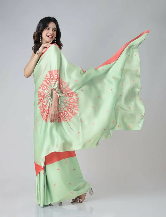 Vastranavya Mint Green & Coral Mandala Print Free Hand Ready to Wear Saree | Swadesiicart