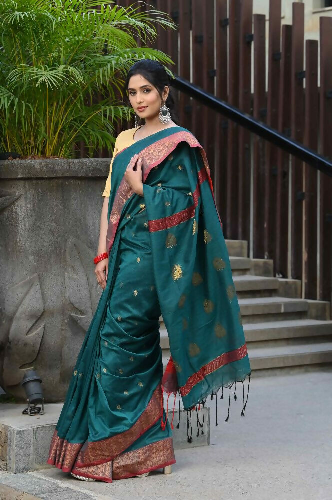 Beatitude Green Cotton Banarasi Saree | Swadesiicart