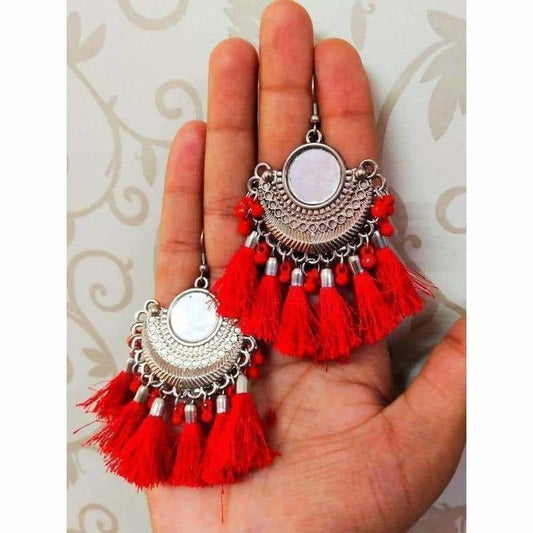 MS Fashion India Half Moon Chandbali Red Color Silk Threads Mirror Tassel Silver Earrings | Swadesiicart