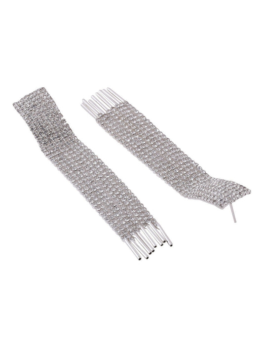 NVR Women Silver Toned Contemporary Ad Studded Drop Earrings | Swadesiicart