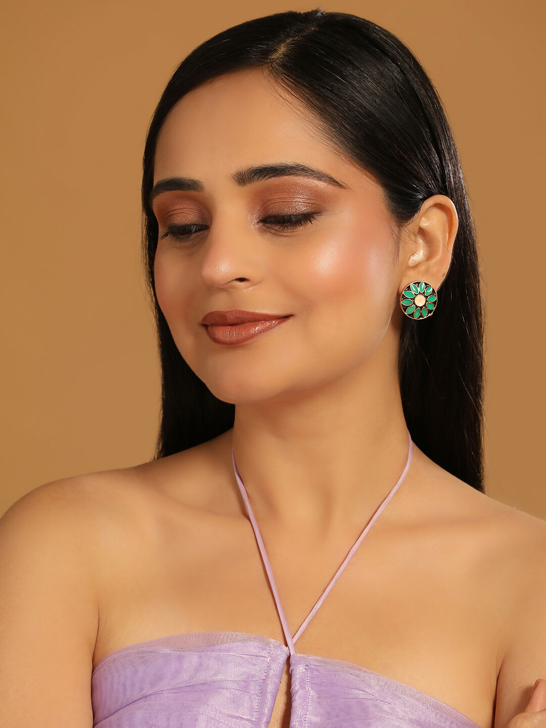 Nuyug 22K Gold Plated Circular Shaped Sea Green Enamelled Floral Motif Studs | Swadesiicart