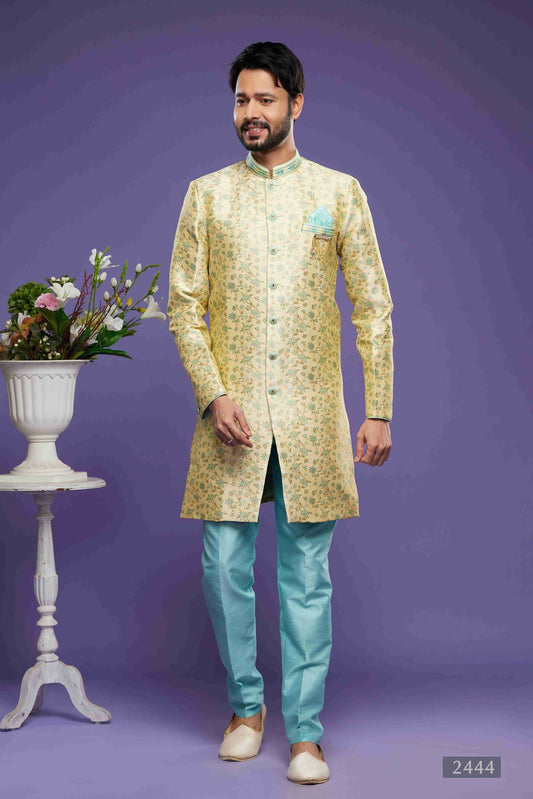 Raivat Ethnic Banarasi Jacquard Embroidery Semi Indo Western Sherwani In Gold Colour | Swadesiicart