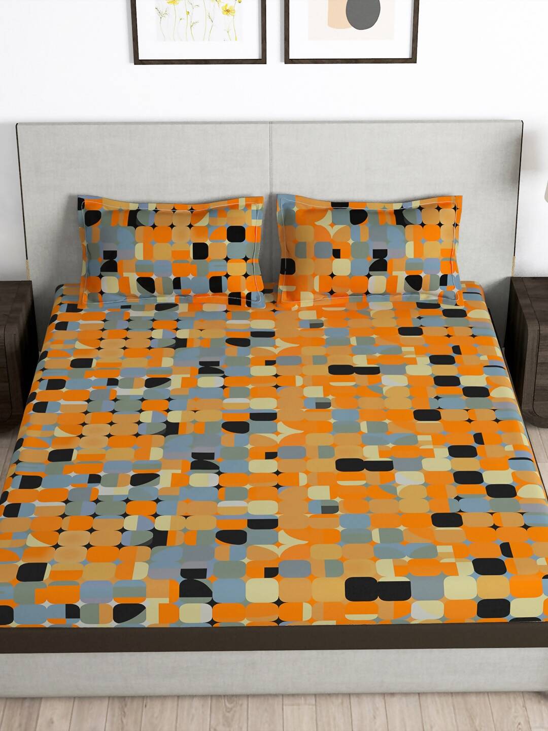 Story@home Orange & White Geometric Microfiber 180 TC Bedsheet With Pillow Cover - Swadesiicart