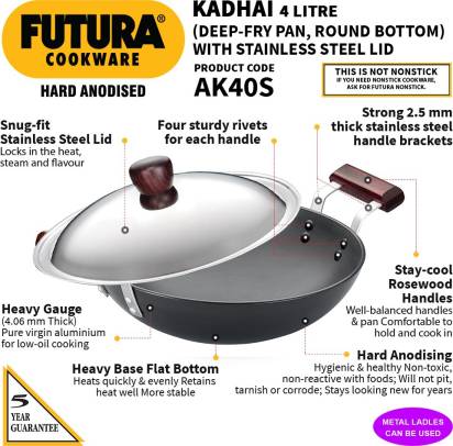 Hawkins Futura Hard Anodised Kadhai 30 cm Diameter with Lid 4 L (AK40S) - Swadesiicart