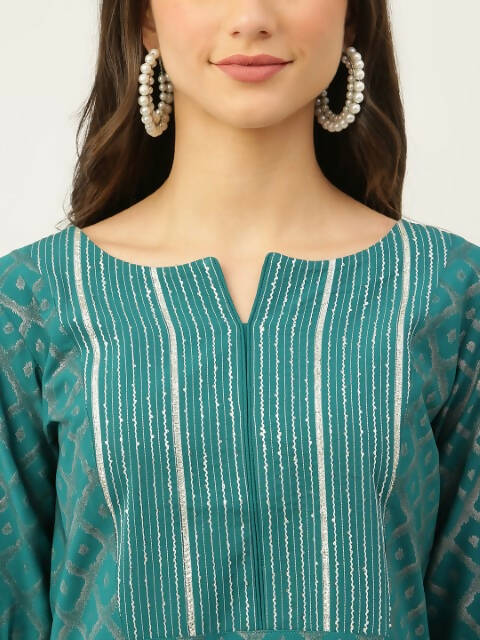 FIORRA Women's Teal Green Crepe Straight Kurta Skirt With Dupatta - Swadesiicart