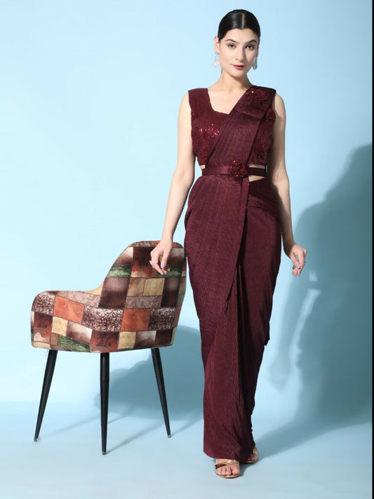 Maroon Imported Crush Lycra Texture Pattern Ready to Wear Saree with stitched Blouse - Nirvana | Swadesiicart