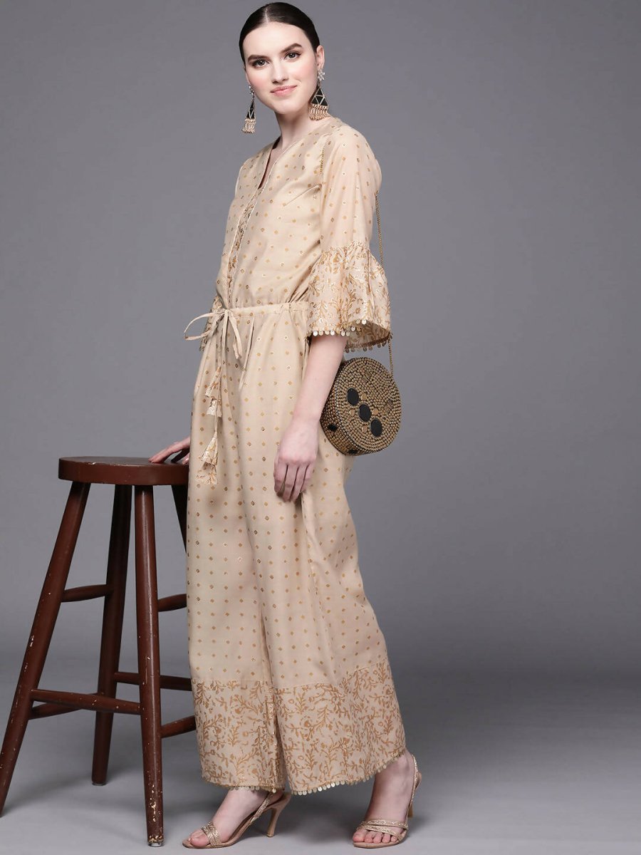 Ahalyaa Beige & Golden Printed Basic Jumpsuit - Swadesiicart