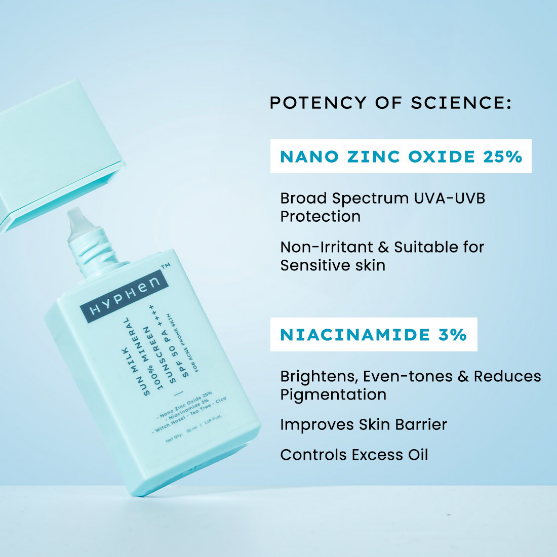 Hyphen Sun Milk 100% Mineral Sunscreen SPF 50 PA++++ 25% Nano Zinc Oxide For Acne Prone, Oily Skin | Swadesiicart
