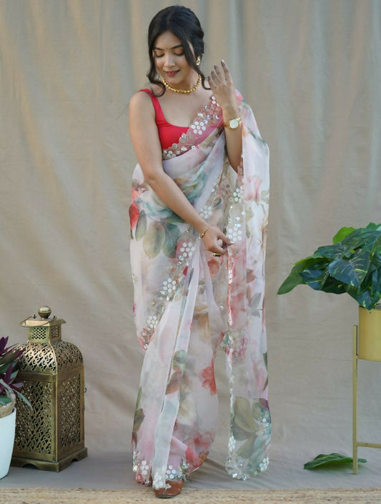 Vamsee Sarangi White Organza Saree - Swadesiicart