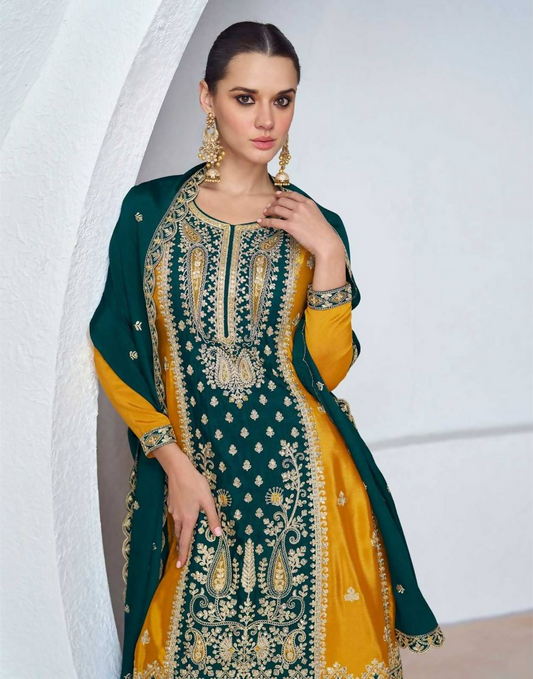 Lorenvalley Fashion Yellow and Rama Chinon Embroidery With Sequince Work Salwar Kameez Stitched | Swadesiicart