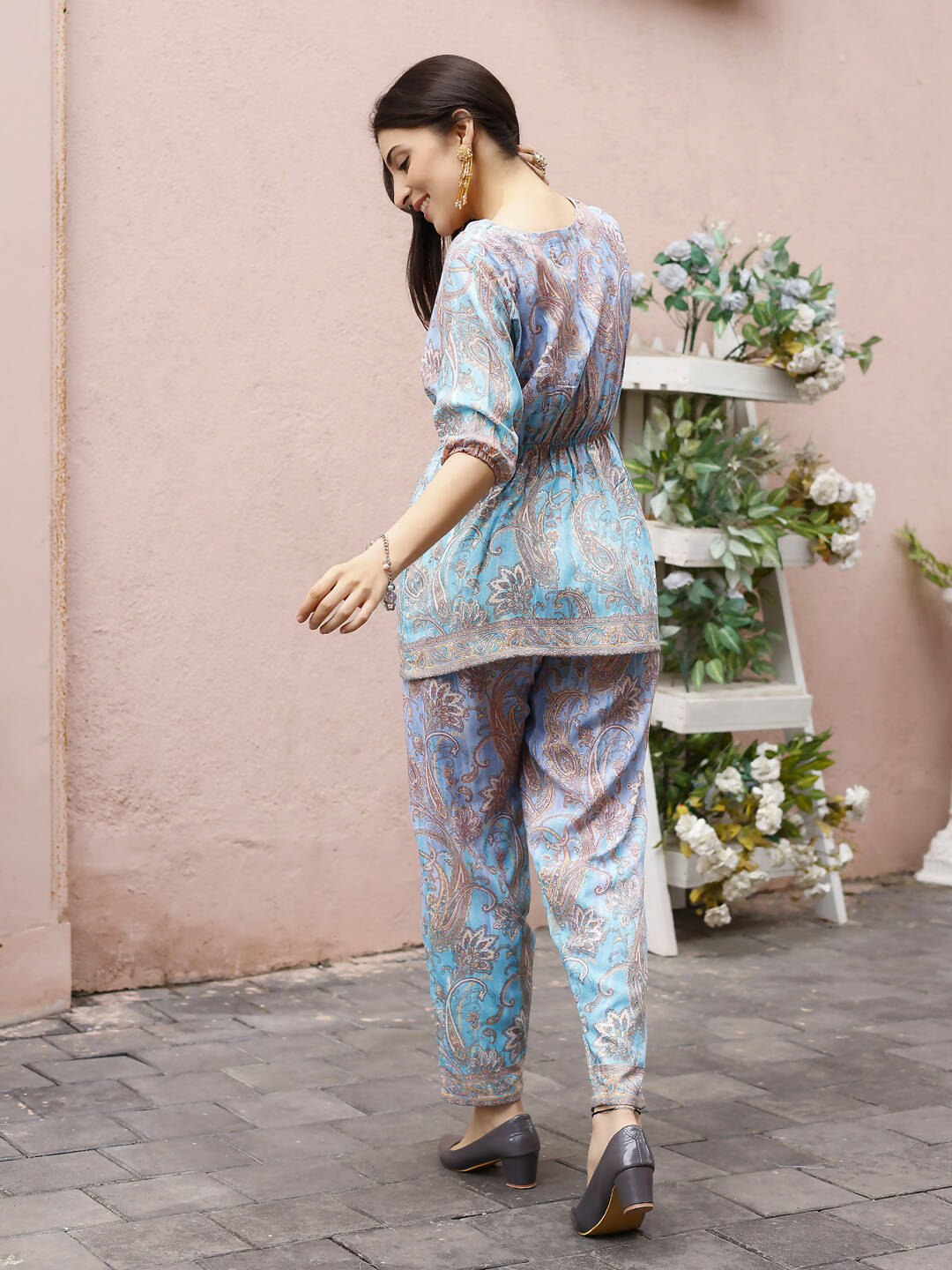 Light Blue Rayon Paisley Printed Top with Matching Bottom - Eesha - Swadesiicart