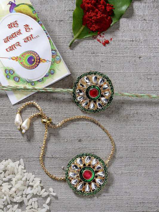 NVR Women & Men Set of 2 Gold Kundan-Studded Handcrafted Wraparound Rakhi Set With Roli Chawal | Swadesiicart