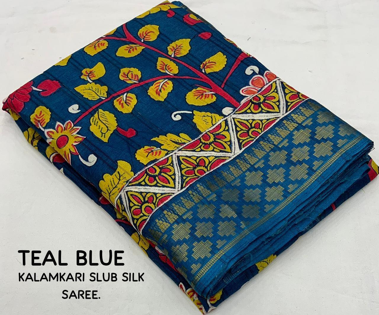 Blue Slub Silk Printed Saree with Unstitched Blouse - Hiral Fashion | Swadesiicart