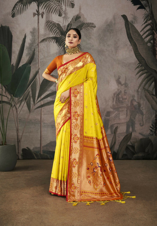 Vishnu Weaves Women's Yellow Paithani Silk Saree with Blouse - Swadesiicart